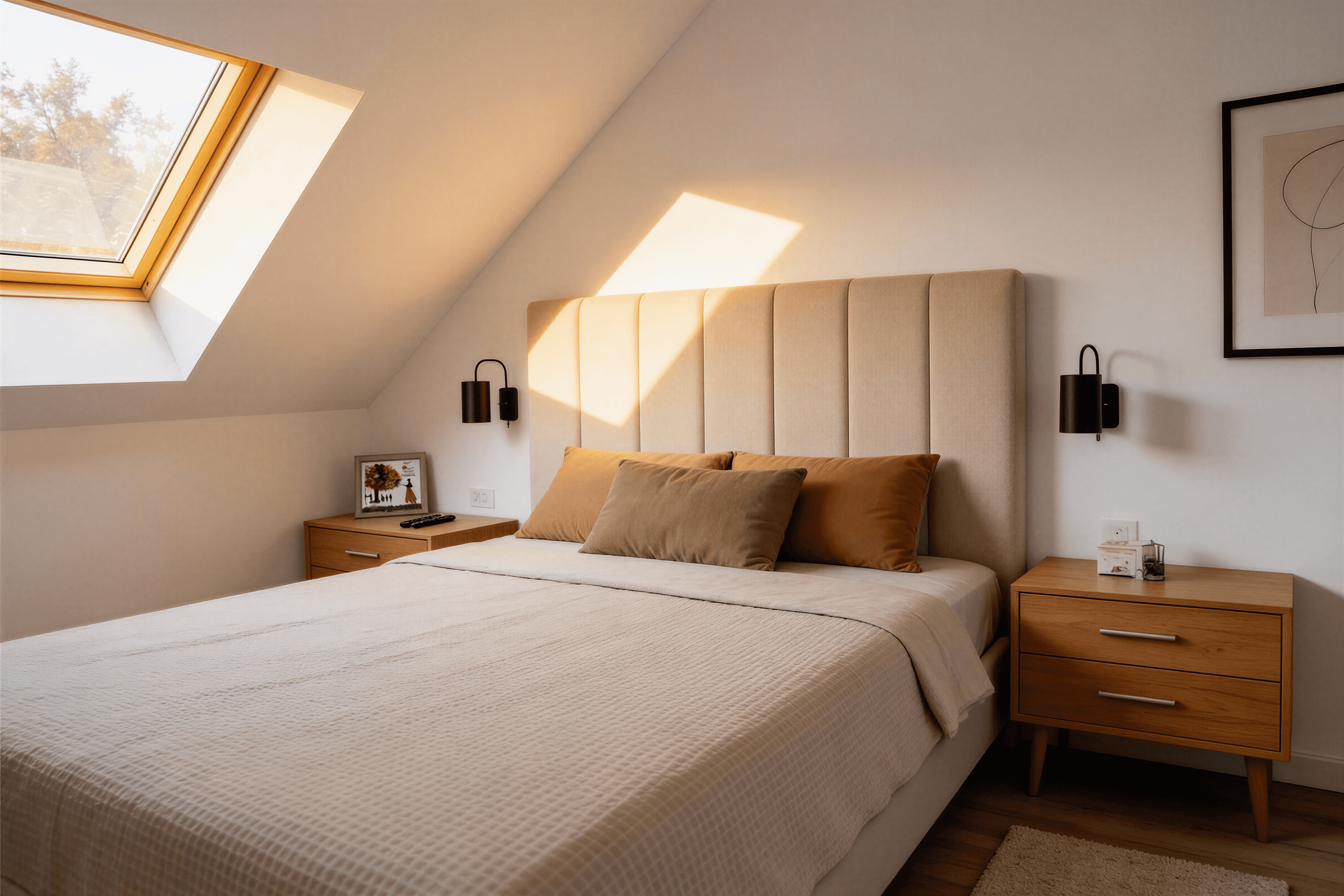 Dormitor mansardă cu fereastră tip velux, pat cu tăblie tapițată bej și noptiere din lemn.