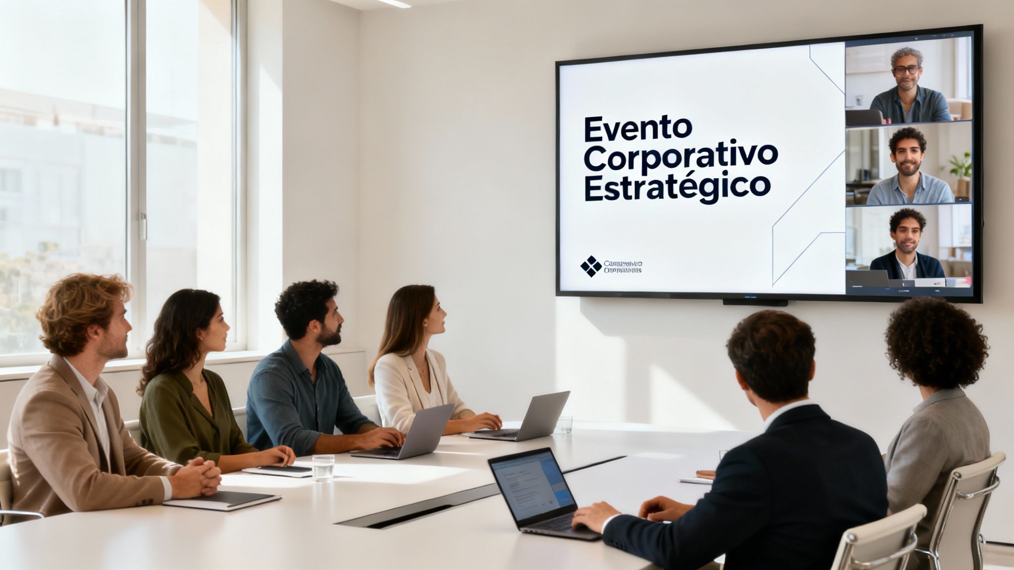 Profesionales en una sala de reuniones asistiendo a un evento corporativo estratégico, con pantalla y videollamada.