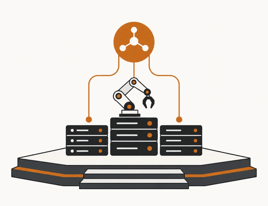 Isometric illustration of a conference stage with server racks, a robot arm and an AI agent node