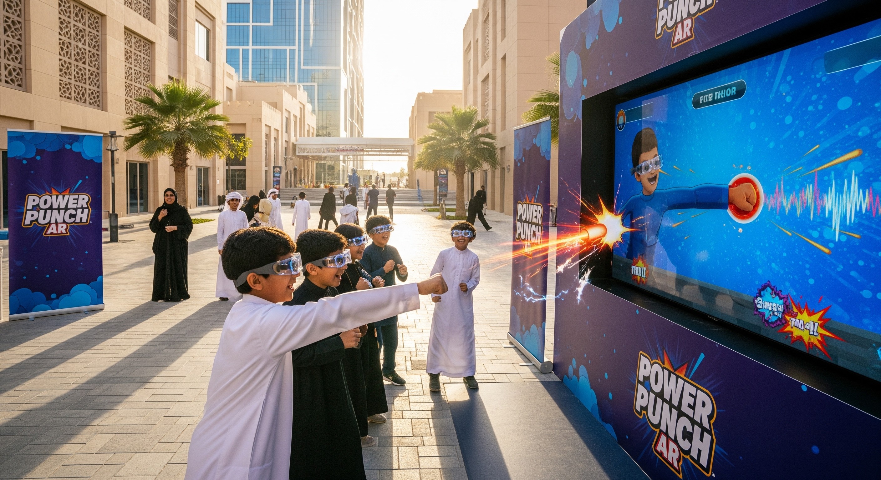 Child engaging in a motion-based interactive game that combines physical movement and digital play in an indoor learning environment