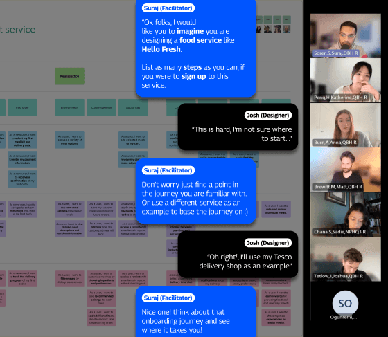 Screenshot of a Microsoft Teams call showing a story mapping workshop in progress, with participants collaborating on a shared digital workspace.