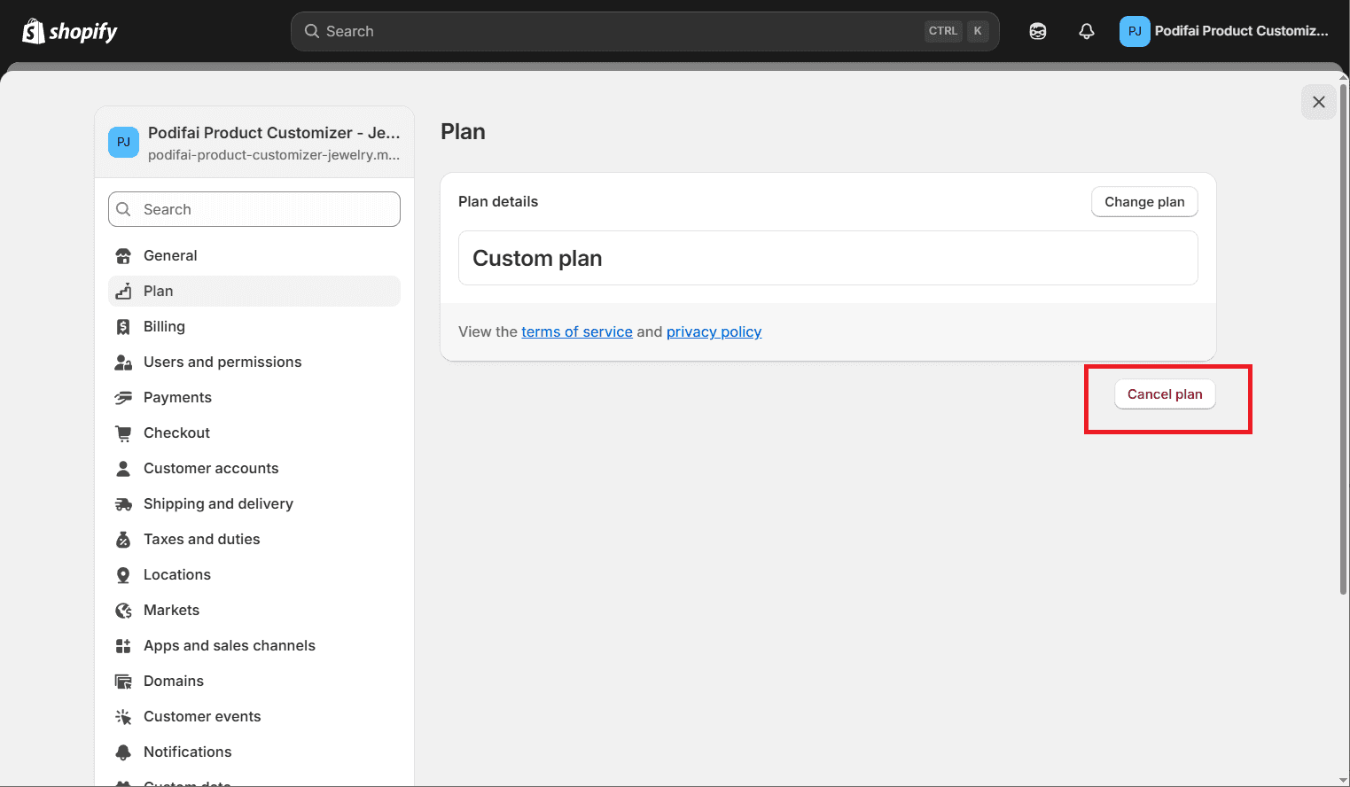 Shopify cancel button