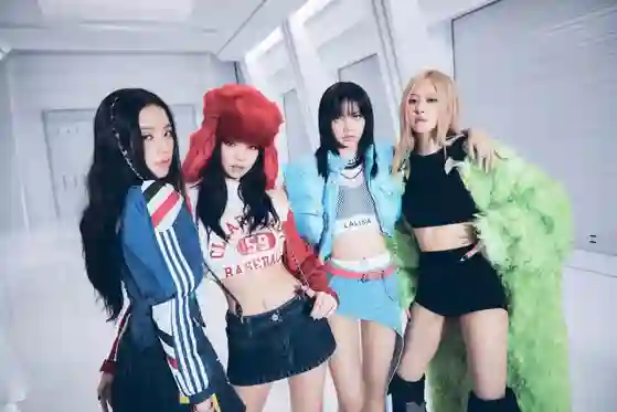 K-Pop girl group BLACKPINK posing in futuristic outfits