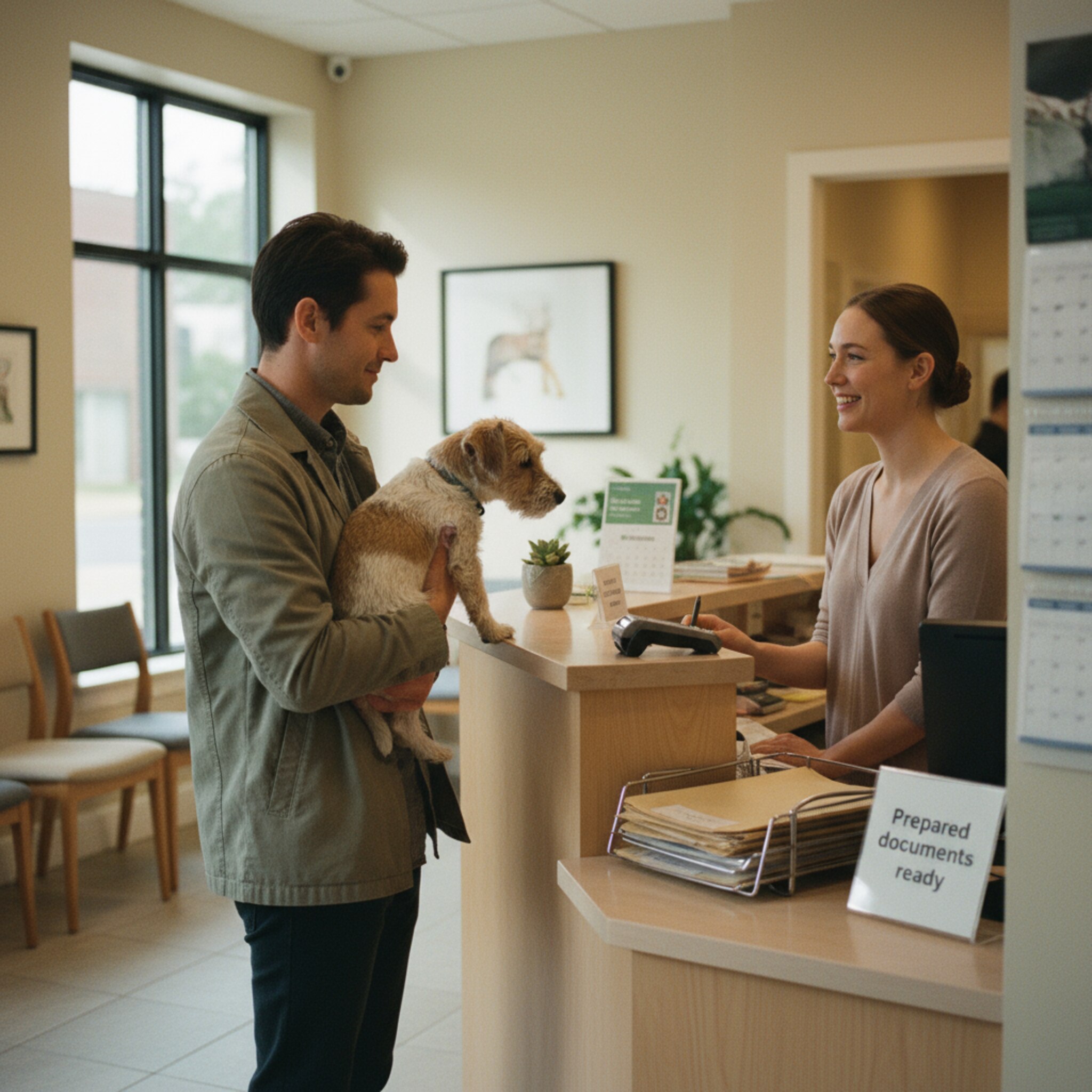 Am Empfang begrüßt eine Mitarbeiterin einen Halter mit einem kleinen Terrier auf dem Arm. Ein dezentes Schild weist auf vorbereitete Unterlagen hin. Der Hund schnuppert neugierig, während die Szene ruhig und zügig wirkt, als wäre alles im Vorfeld geklärt.