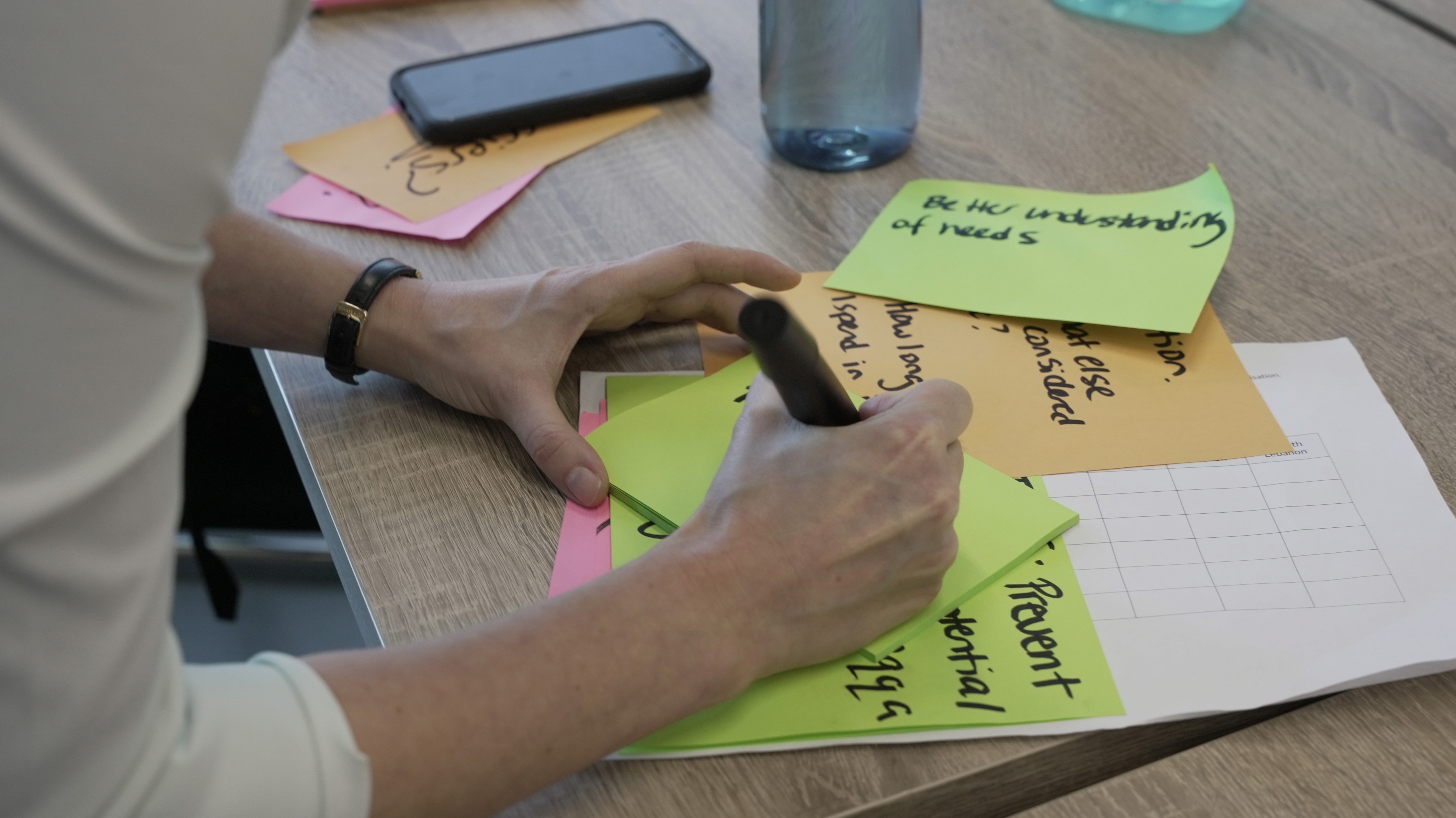 Person writing on sticky note