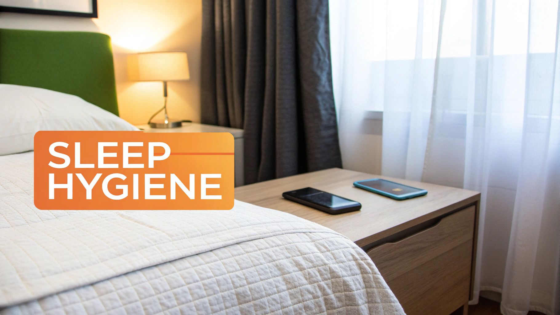 A cozy bedroom scene featuring a white bed, nightstand, lamp, and phones, with a 'SLEEP HYGIENE' graphic overlay.