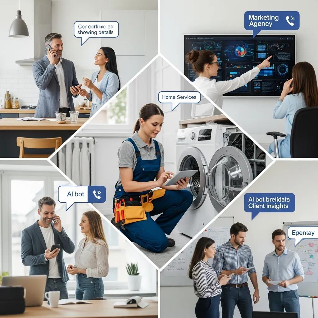Collage of industries benefiting from AI calling bots including home services and real estate