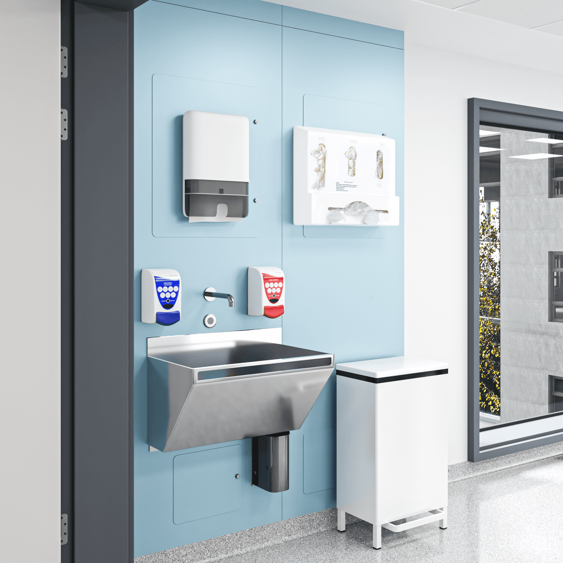 Azure clinical wash hand basin integrated plumbing system 