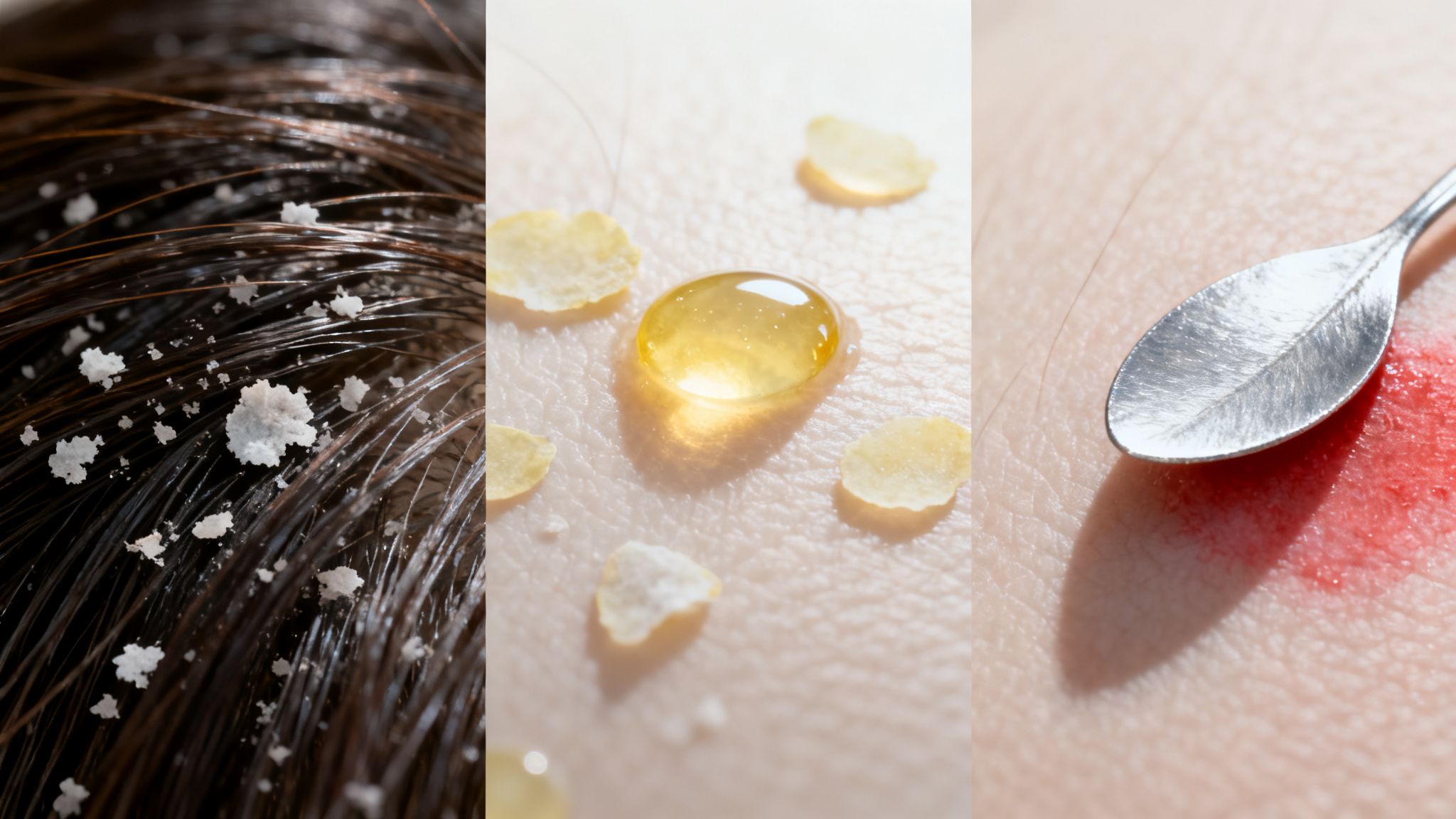 Close-up images show a flaky scalp, skin with oil and flakes, and an irritated, red skin patch.