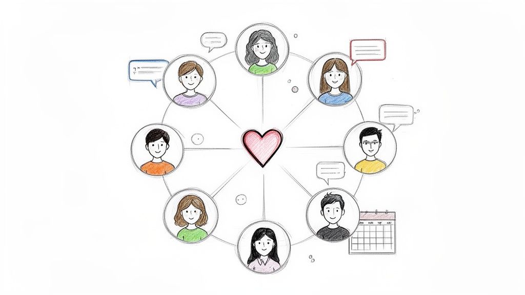 A colorful cartoon drawing of diverse people connected in a social network around a central heart.