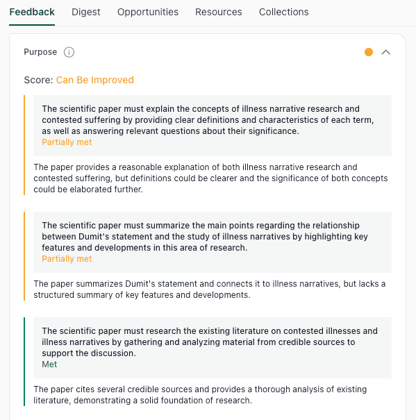 thesify Purpose feedback showing where a draft needs clearer definitions and a more structured summary of key points in the literature