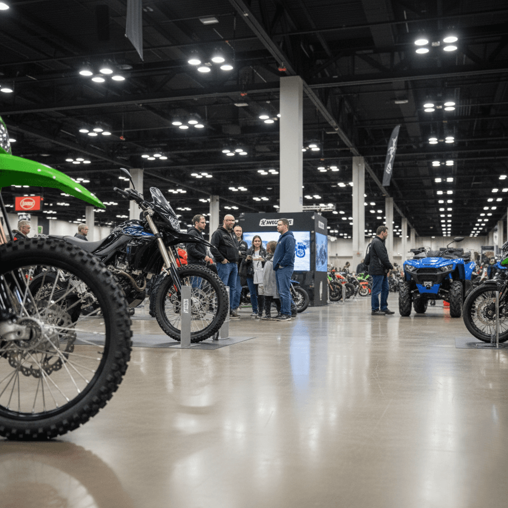 Networking at the Indiana Motorcycle & Powersports Expo 2026, with attendees and exhibitors discussing motorcycles and powersports products at the Indiana State Fairgrounds in Indianapolis.