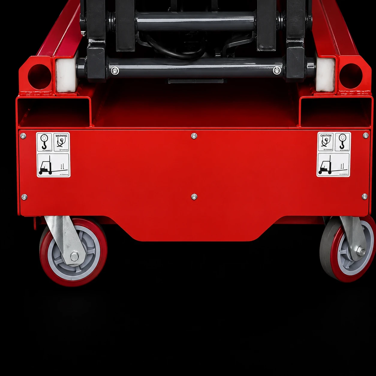Heavy-duty swivel caster wheels mounted under the red scissor lift chassis.