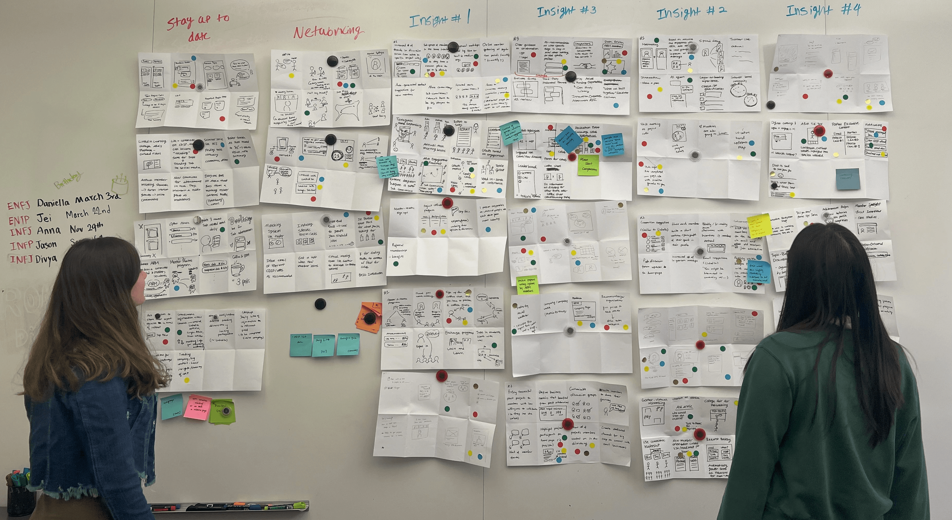 Two women looking at a bullet board filled with sketches of potential prototypes to develop