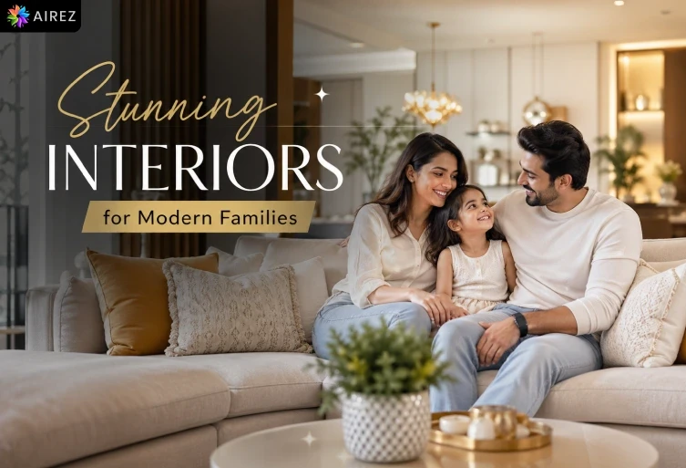 Modern family sitting on a cozy sofa in a stylish living room with elegant interior design and warm lighting