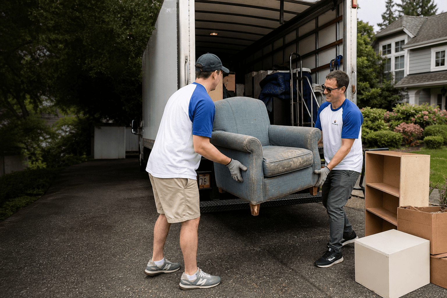 `Two workers carrying an unwanted armchair toward a moving truck.