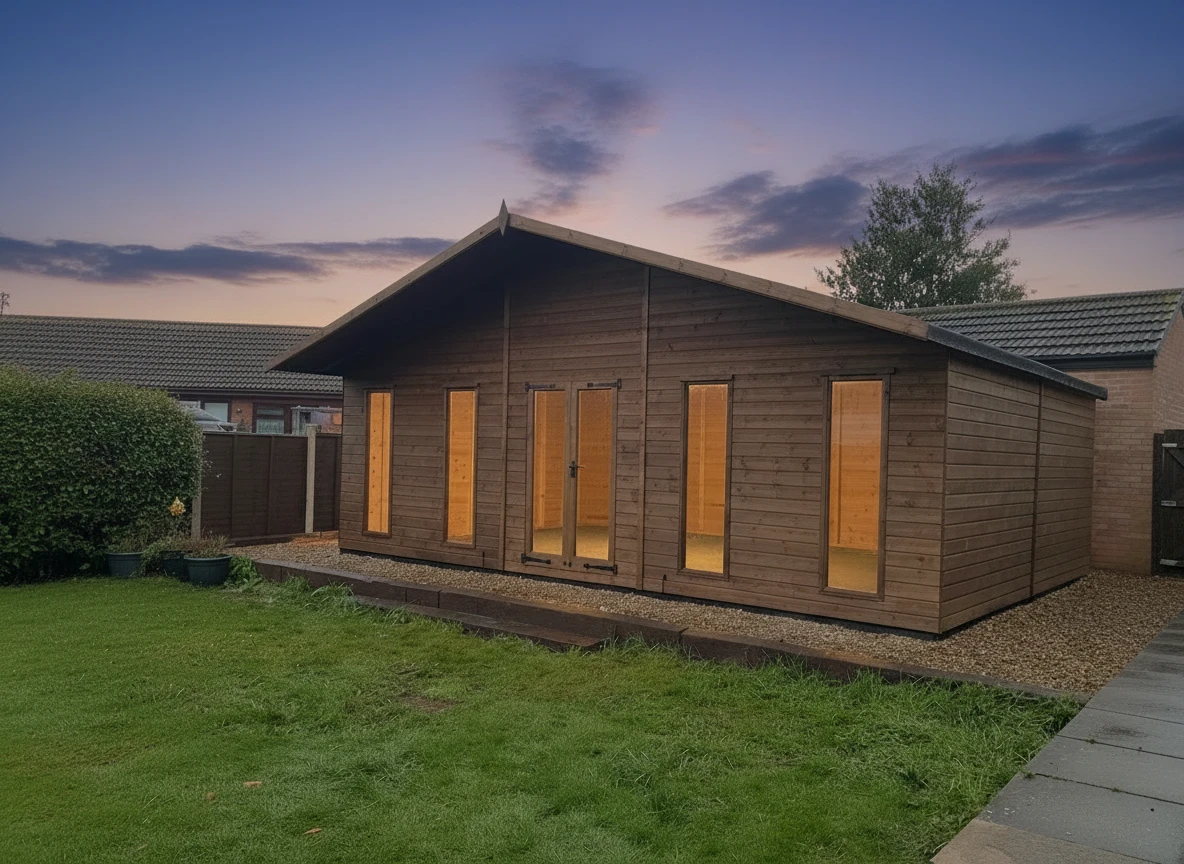 Large timber garden room lit at dusk