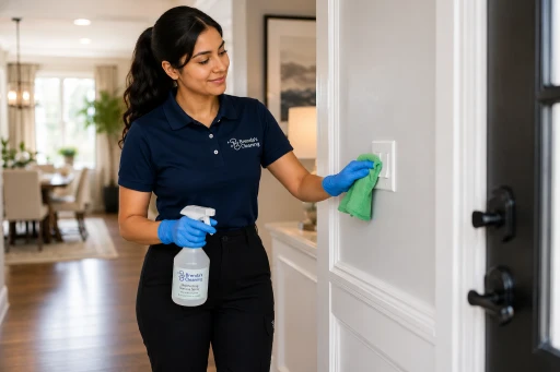 A female professional cleaner wearing a navy blue polo shirt and cap branded with "Brenda's Cleaning," a black apron, and blue disposable gloves. She is holding a clear spray bottle labeled with the company name in her right hand while using a green microfiber cloth in her left hand to wipe down a white light switch plate on a wall near a dark entry door. The background shows a softly blurred, well-lit interior hallway and living space of a home.