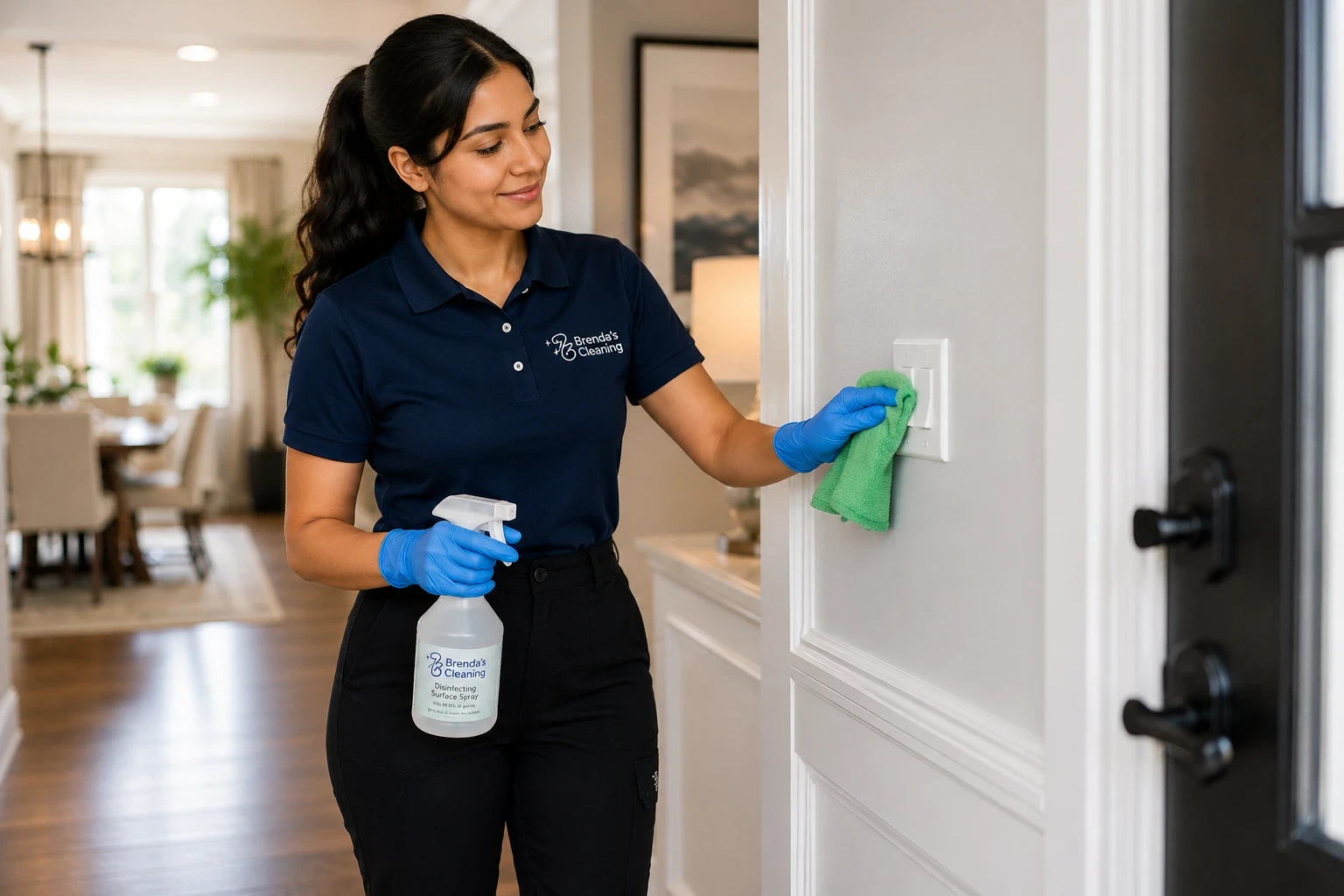 A female professional cleaner wearing a navy blue polo shirt and cap branded with "Brenda's Cleaning," a black apron, and blue disposable gloves. She is holding a clear spray bottle labeled with the company name in her right hand while using a green microfiber cloth in her left hand to wipe down a white light switch plate on a wall near a dark entry door. The background shows a softly blurred, well-lit interior hallway and living space of a home.