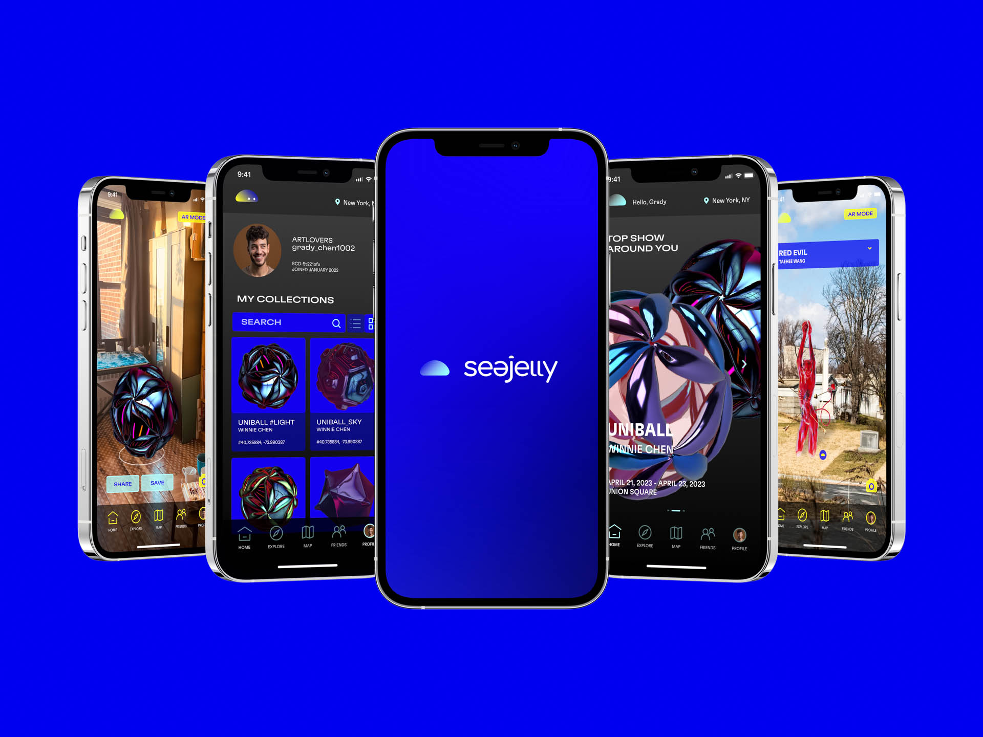 Four smartphones are displayed against a bright blue background. The central phone shows the SeaJelly logo and a blue sky icon. The phone to the left displays “MY COLLECTIONS” with thumbnails of images. The phone to the right shows “RED EVIL” with a landscape image. The phone on the far right shows “HOME SHOW” with a landscape image. All phones display the SeaJelly app interface.