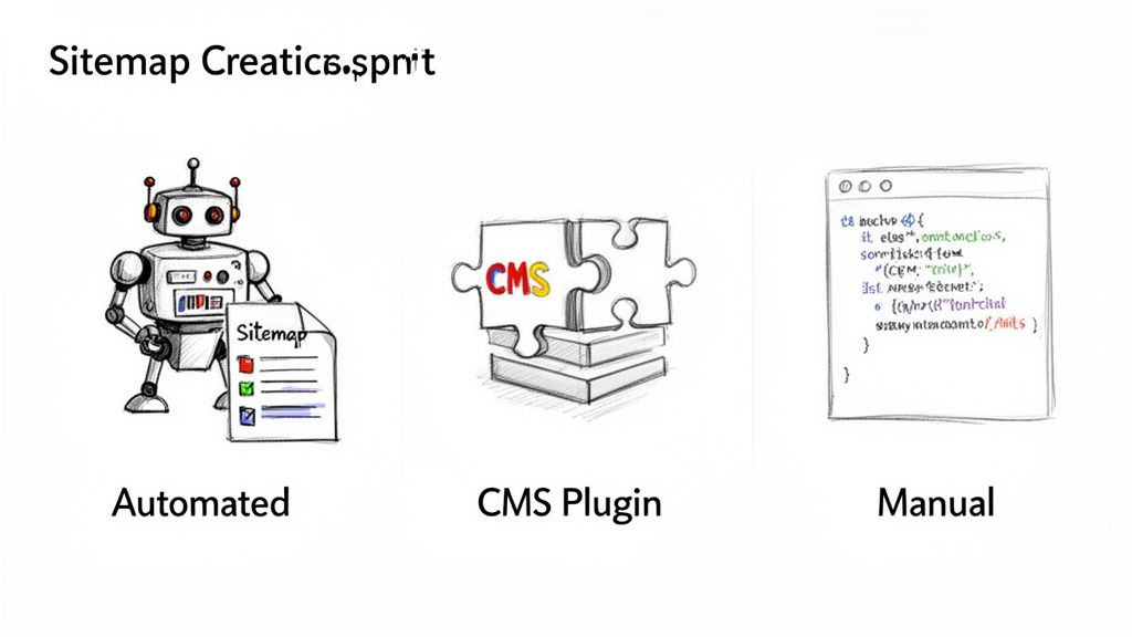 An image illustrating three methods for sitemap creation: automated by a robot, using a CMS plugin, and manual coding.