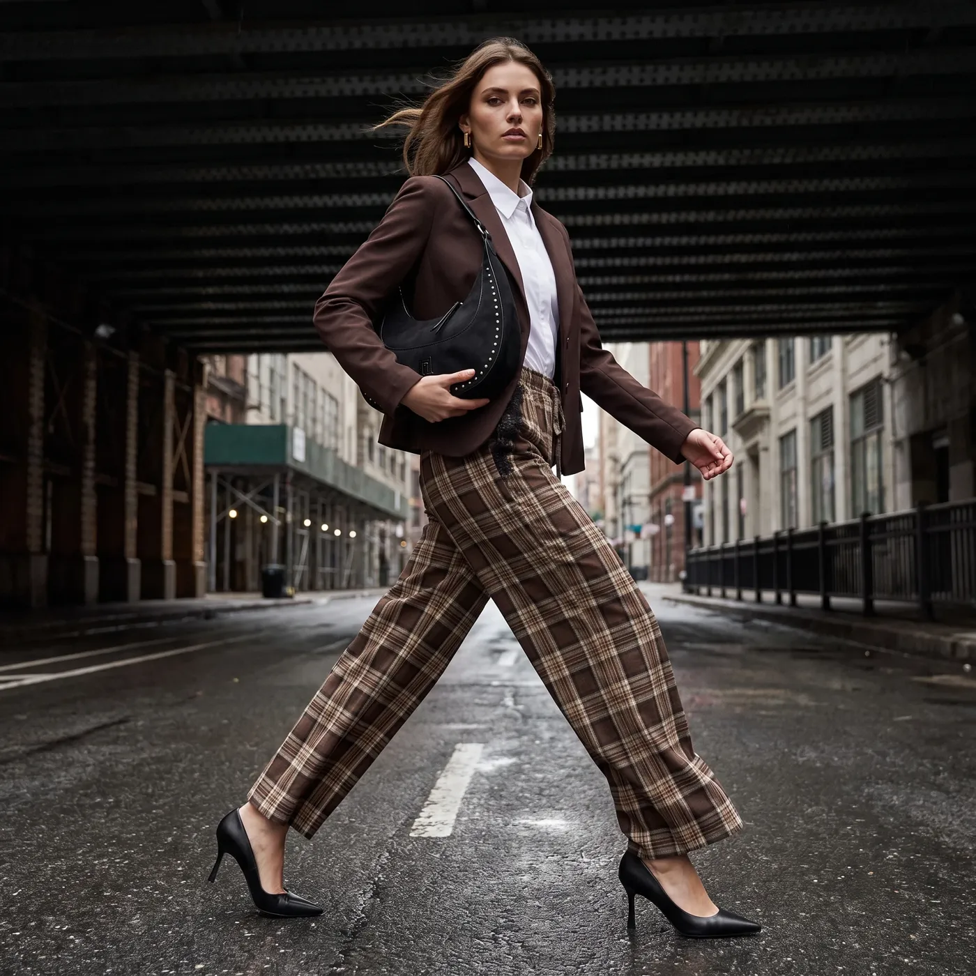 Donna che attraversa la strada con blazer marrone, camicia bianca, pantaloni a quadri e décolleté