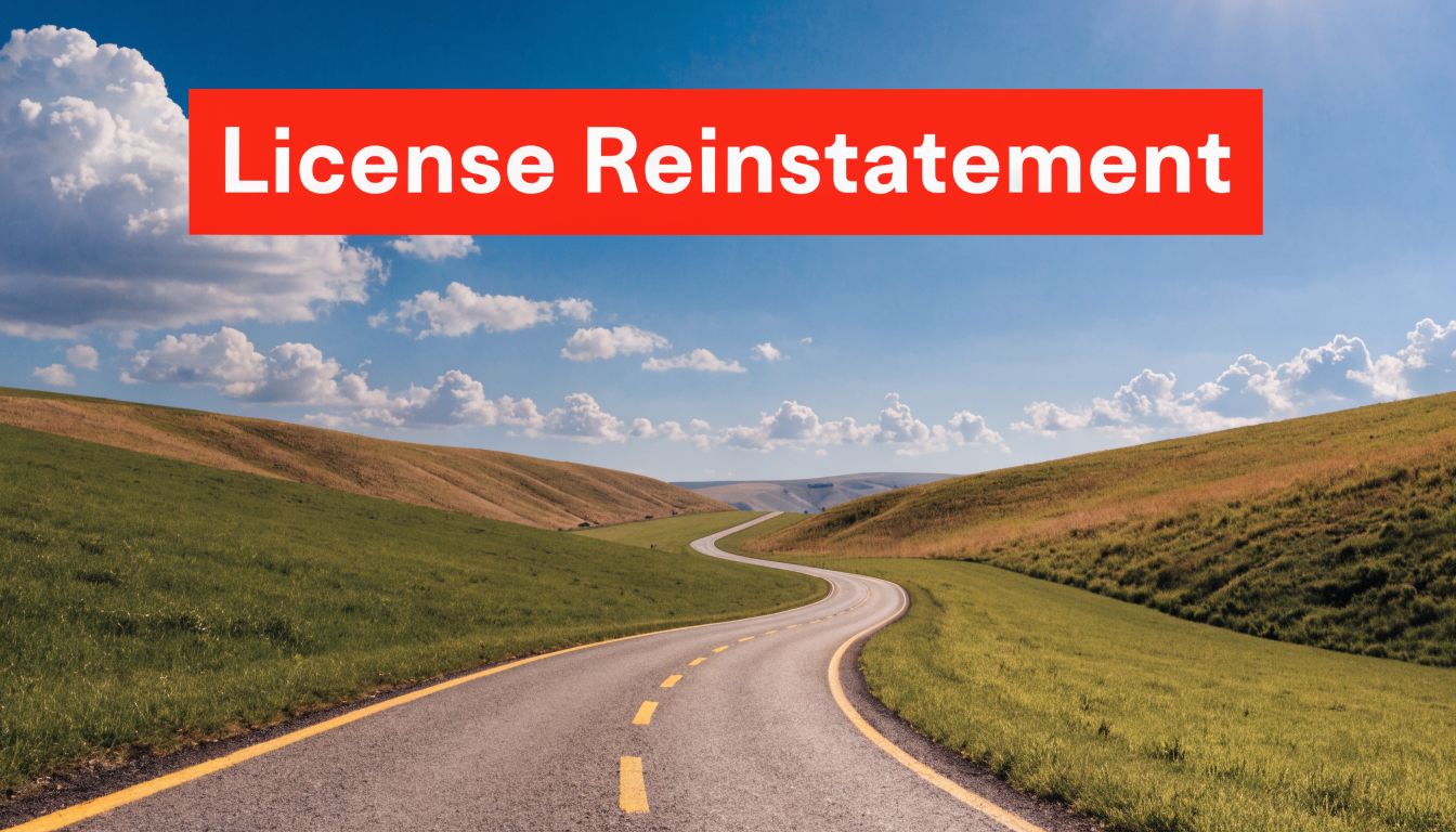 A scenic road winding through rolling green hills under a bright blue sky, symbolizing license reinstatement.