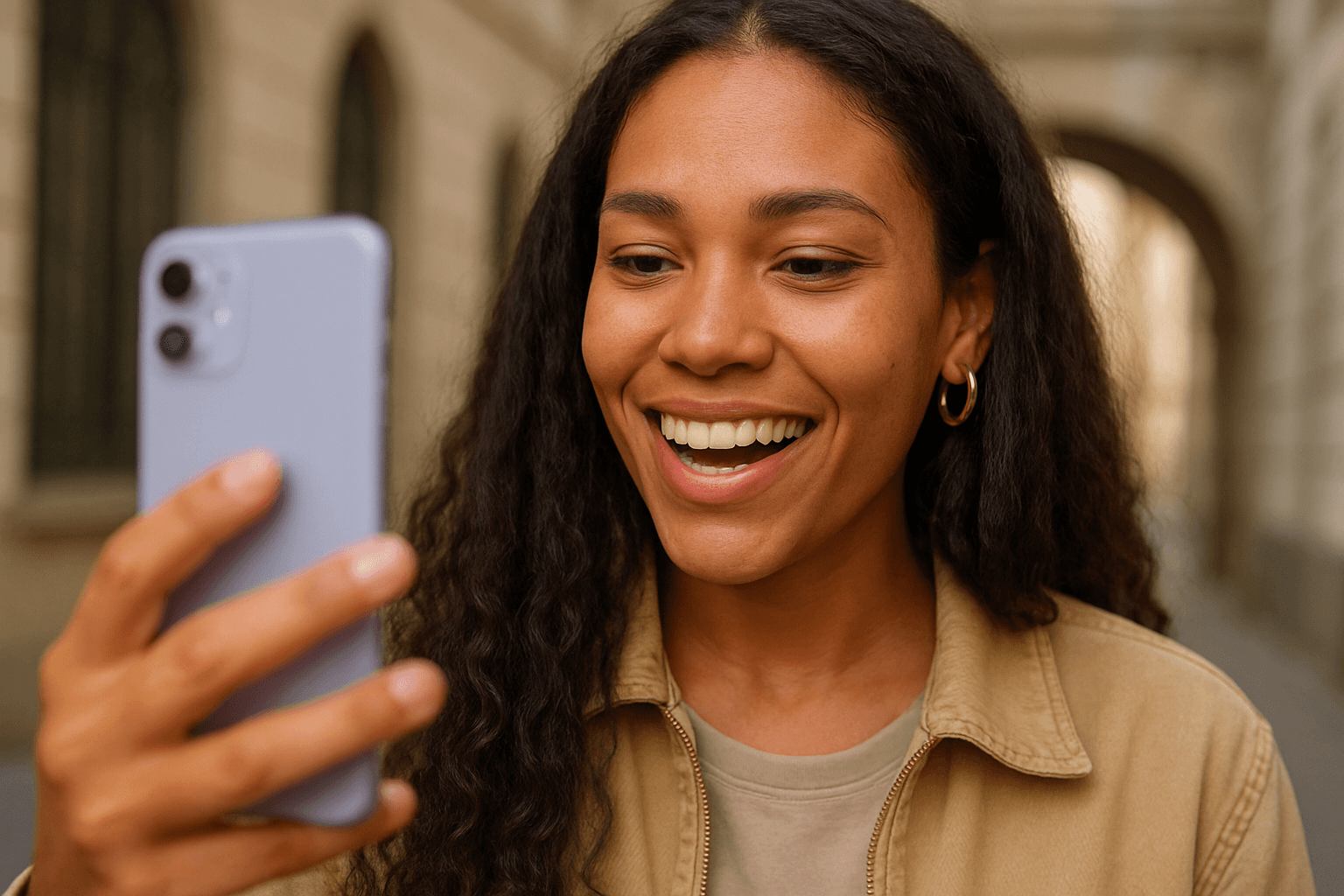 Chica en la calle haciendo videollamada con Orga AI desde la app
