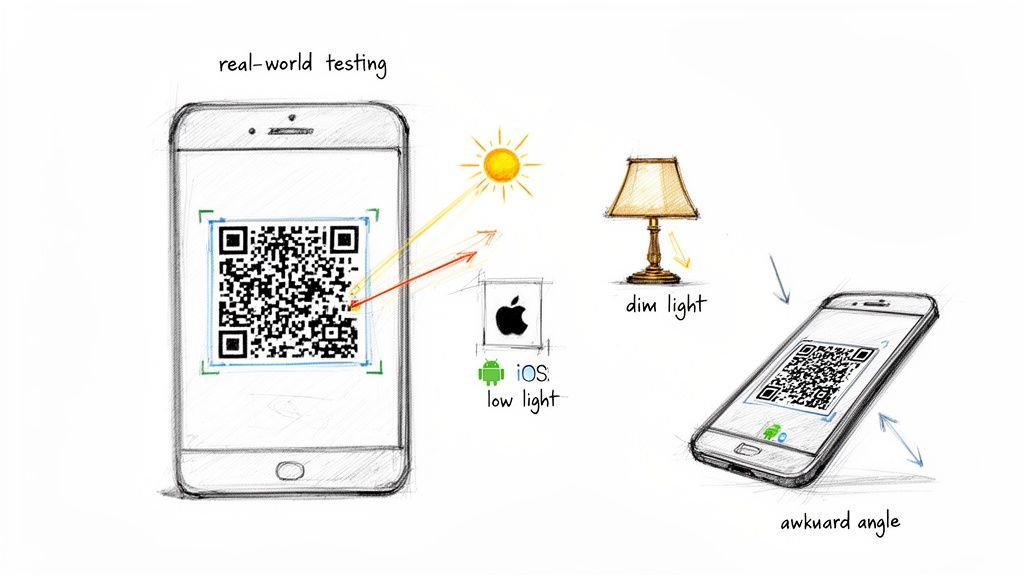 Illustration of a smartphone displaying a QR code, demonstrating real-world testing under varied light and awkward angles.