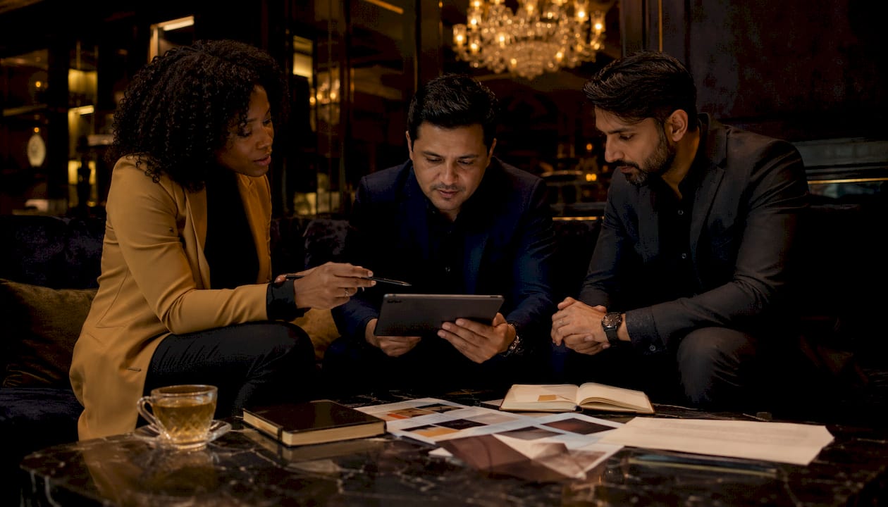 Team discussing brand awareness in coffee shop