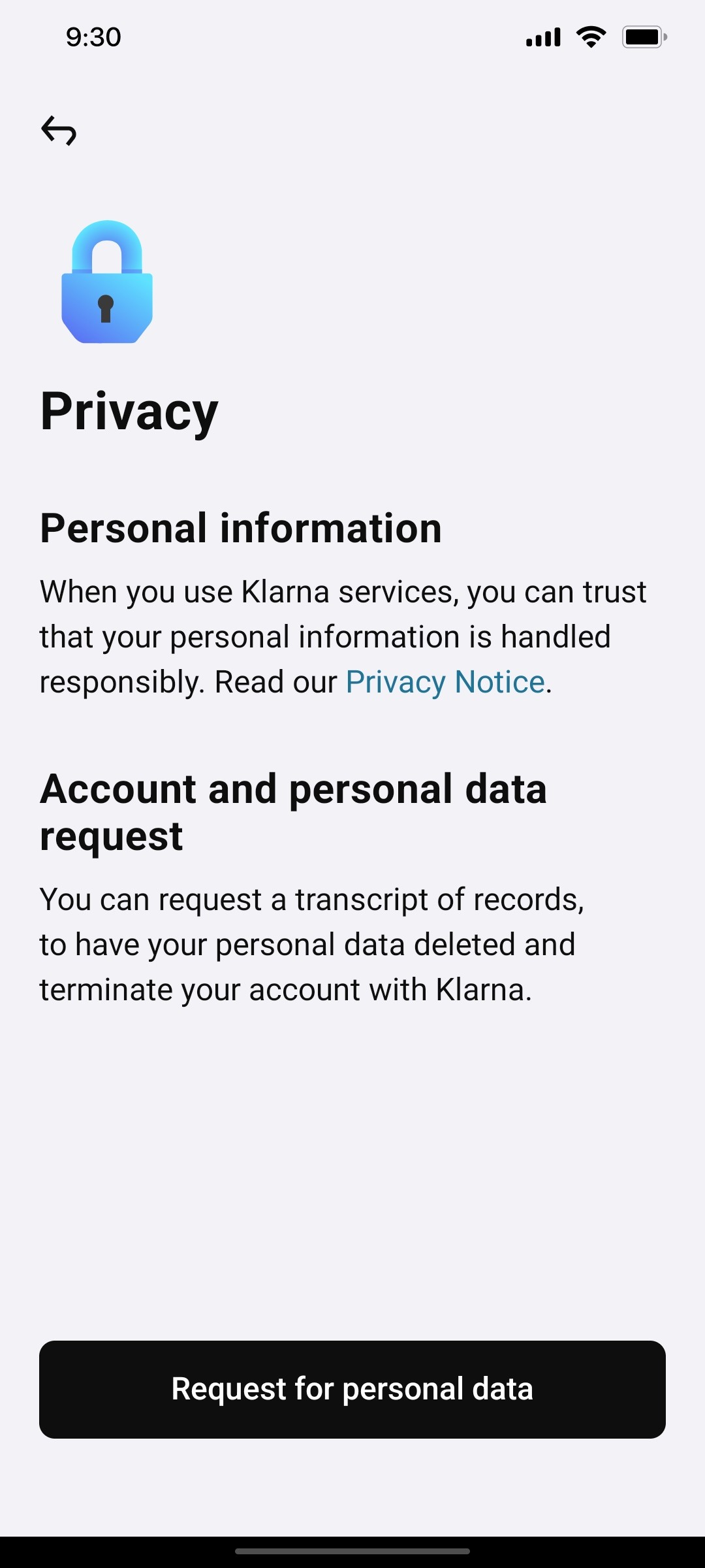 Klarna Privacy Page Screen