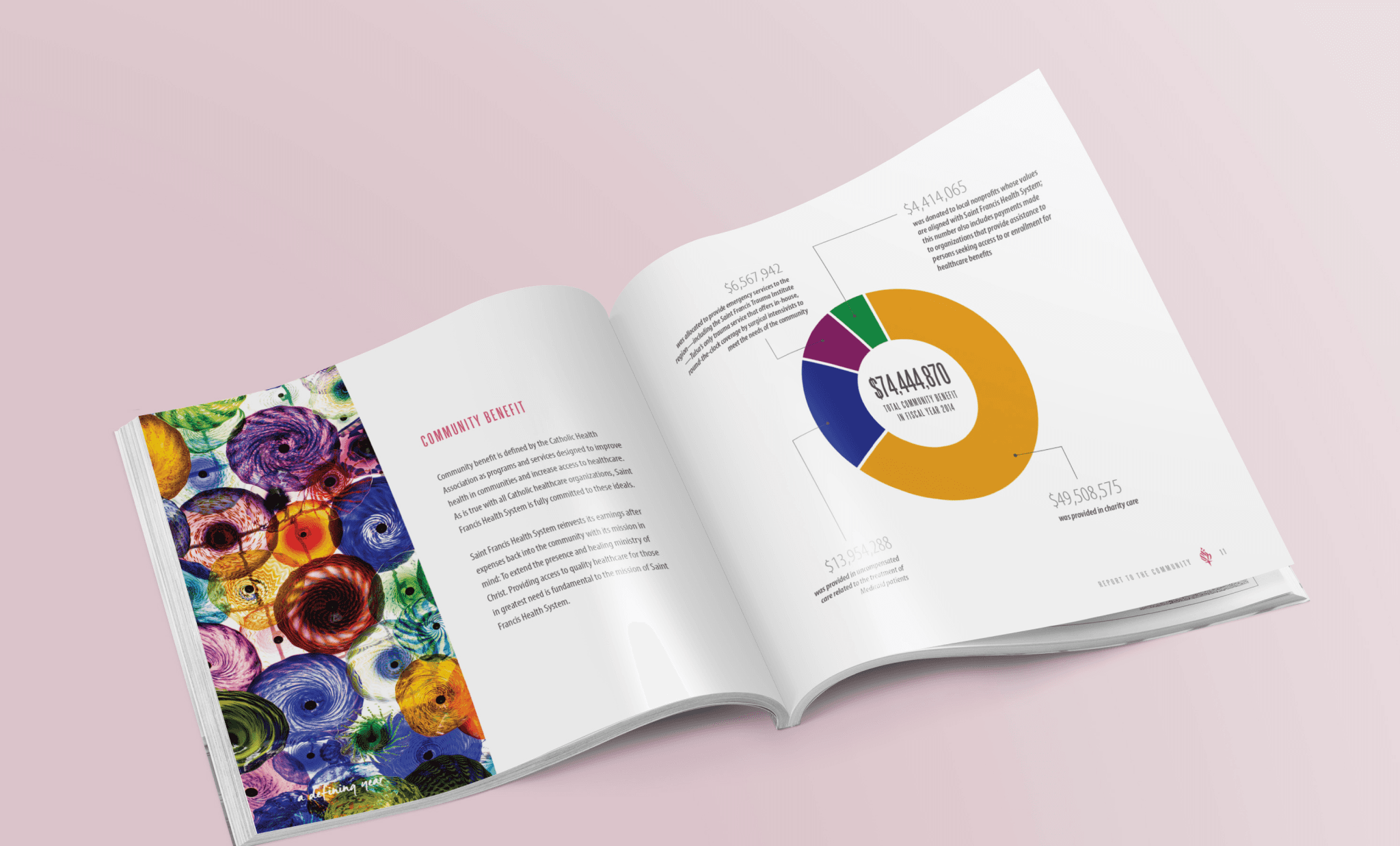 A page spread showing a color photo and data pie chart