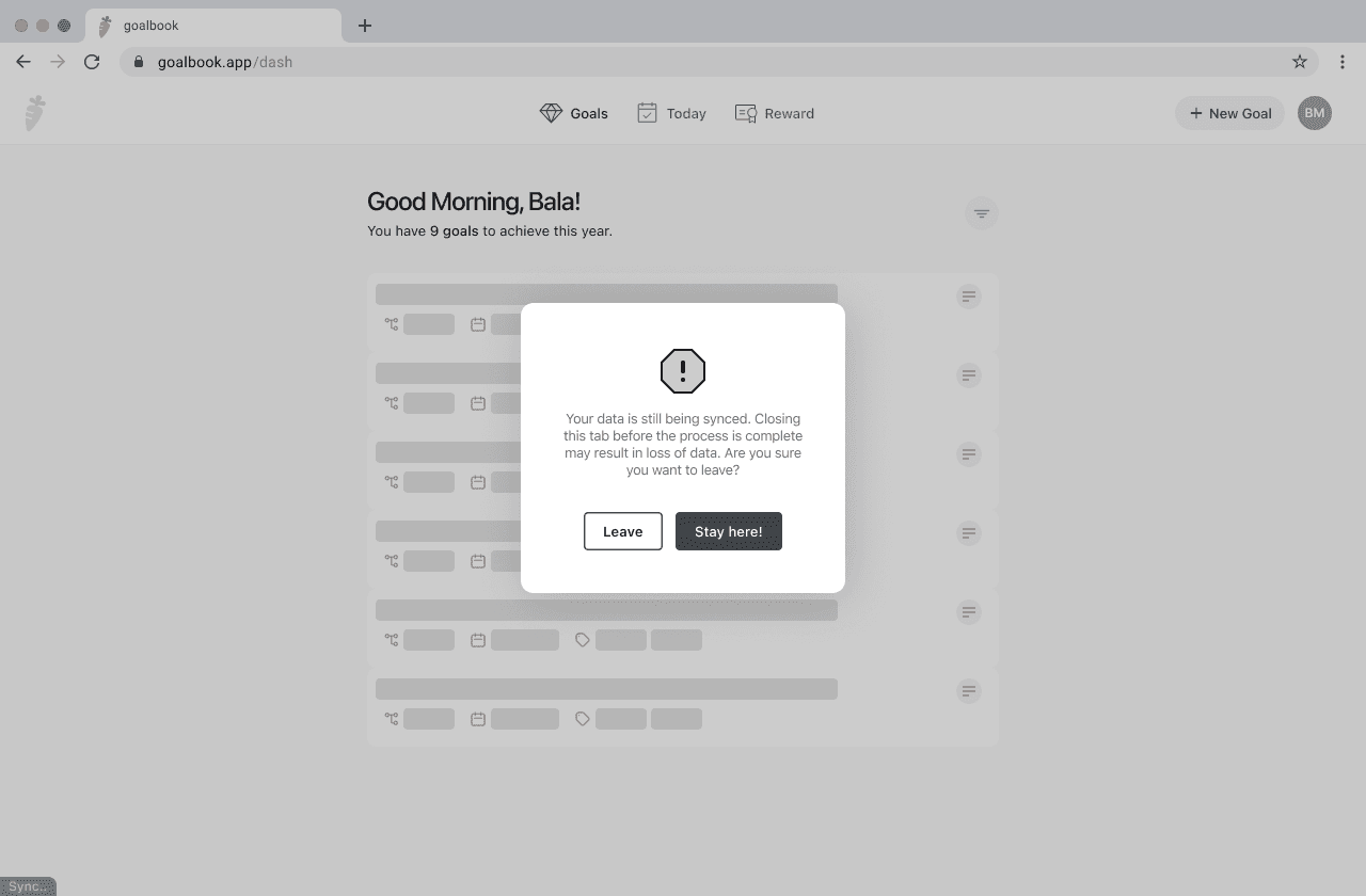 User warning when they try to close before the sync is completed