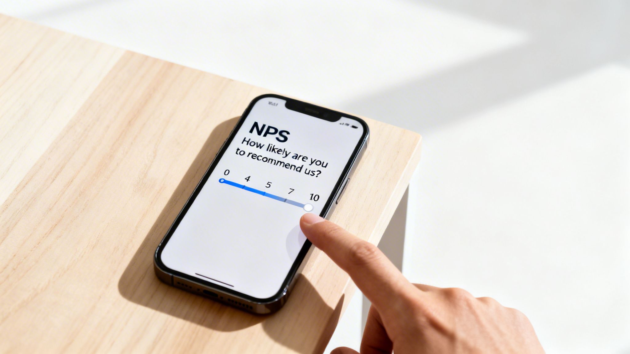 A hand interacts with a smartphone displaying an NPS survey, selecting '10' for recommendation likelihood.