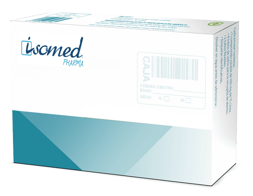 Envase del DISBIOKIT de Isomed Pharma — kit para recogida de muestra de heces con el fin de realizar un estudio de disbiosis intestinal y caracterización de la microbiota intestinal.