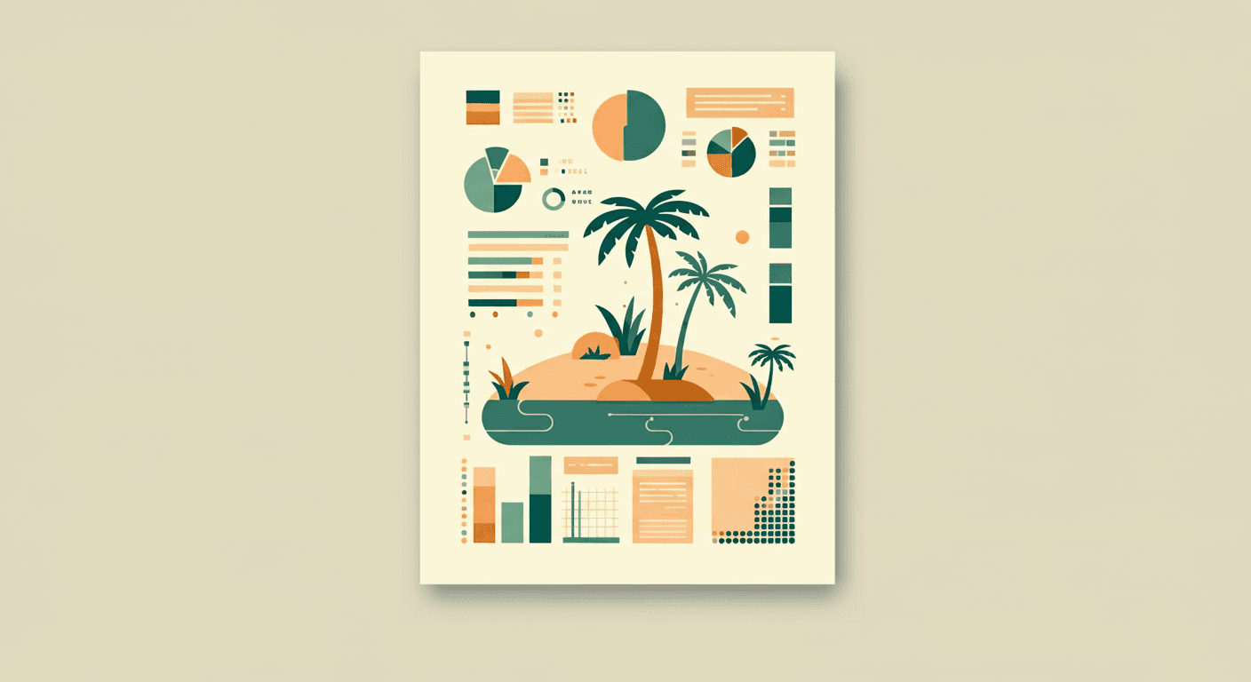 A flat minimal vector illustration of a tranquil oasis in the middle of a vast stylized desert, symbolizing relief from a looming compliance burden. The small oasis (water and palm trees) is drawn in CareBestie’s emerald green tones to stand out against soft sandy neutrals, conveying a calm, no-stress feeling. Simple geometric shapes and clean lines, no text.

