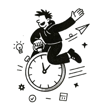 Illustration: Person springt schwungvoll über eine große Uhr