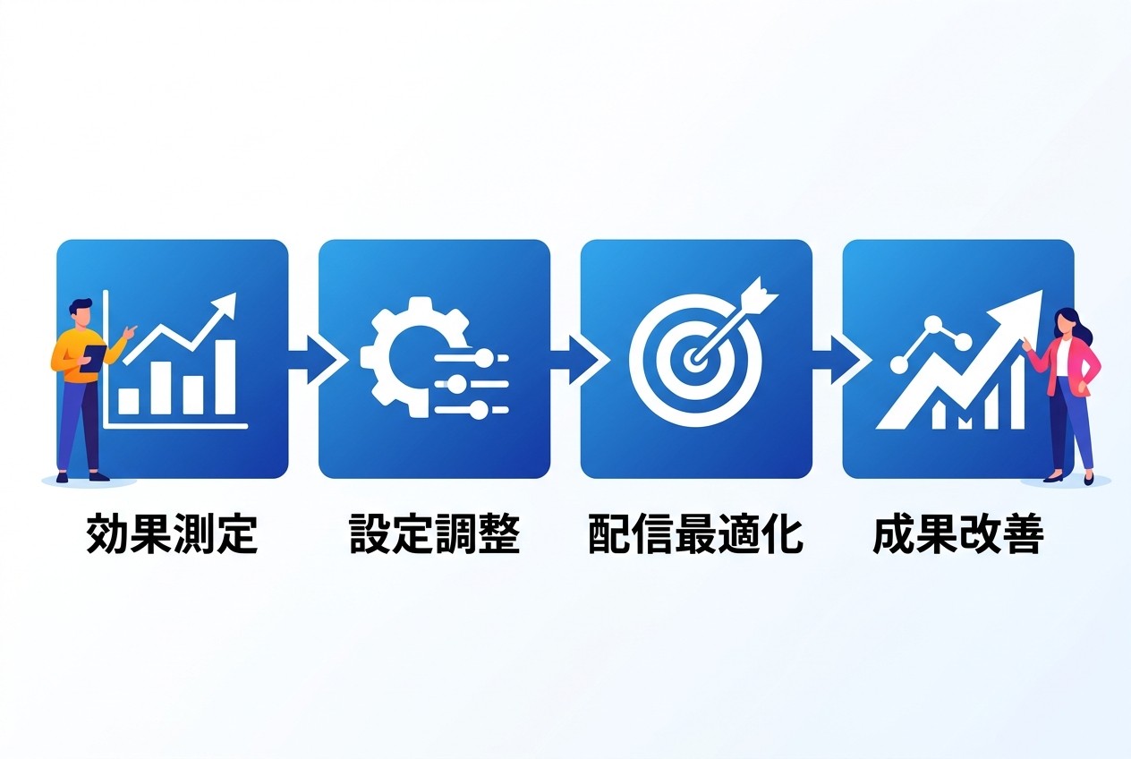 動的リマーケティングの継続的改善プロセス。効果測定→設定調整→配信最適化→成果改善の4段階で、月次でPDCAを回すことで長期的な成果向上を実現できる。