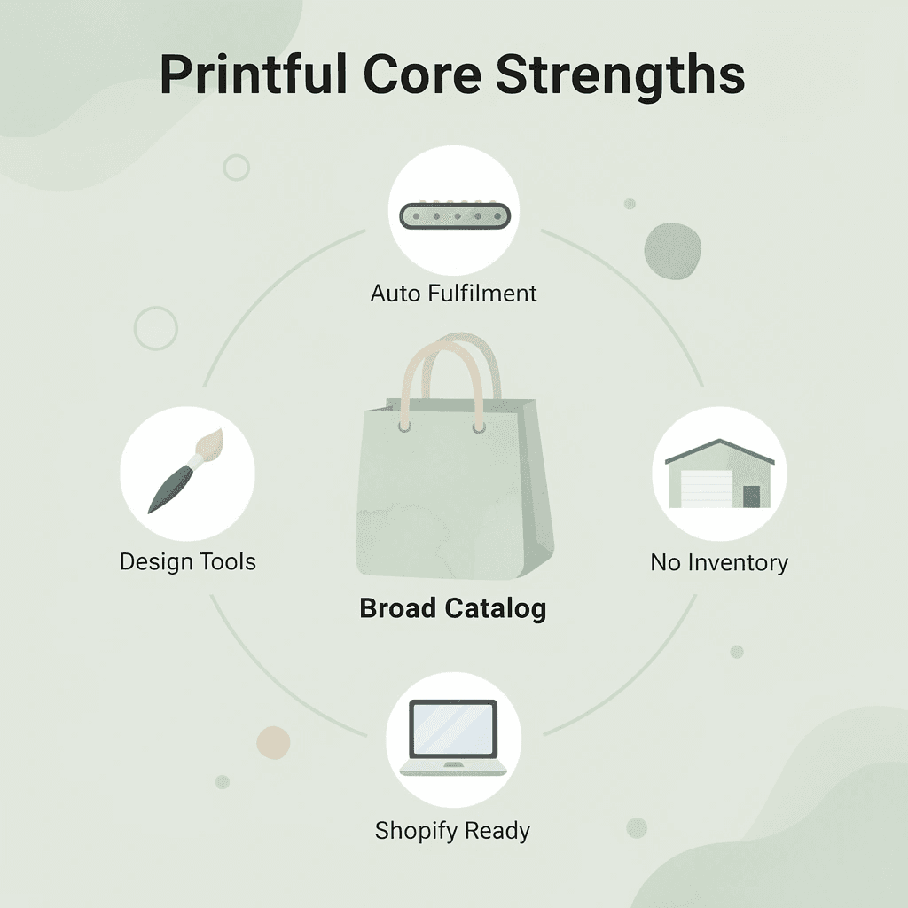 Hub and spoke infographic showing Printful at the center surrounded by its five core strengths