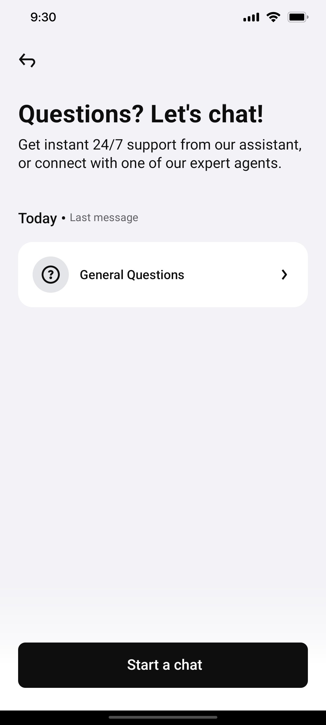 Klarna Start a Chat Page Screen