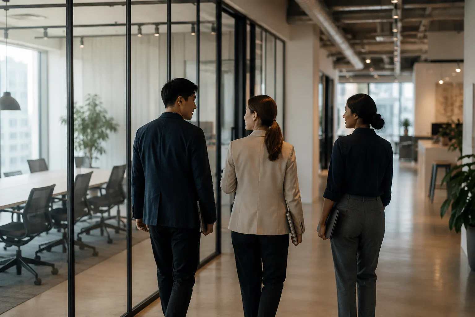 three-coworkers-walking-through-office