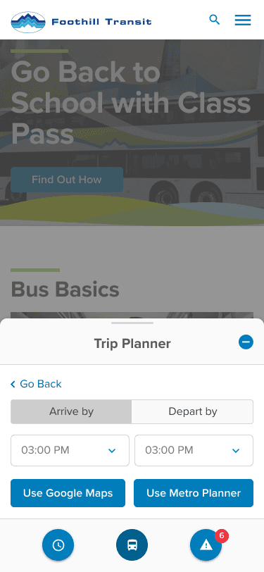 Foothilltransit.org mobile site trip planner arrive by and depart  by options
