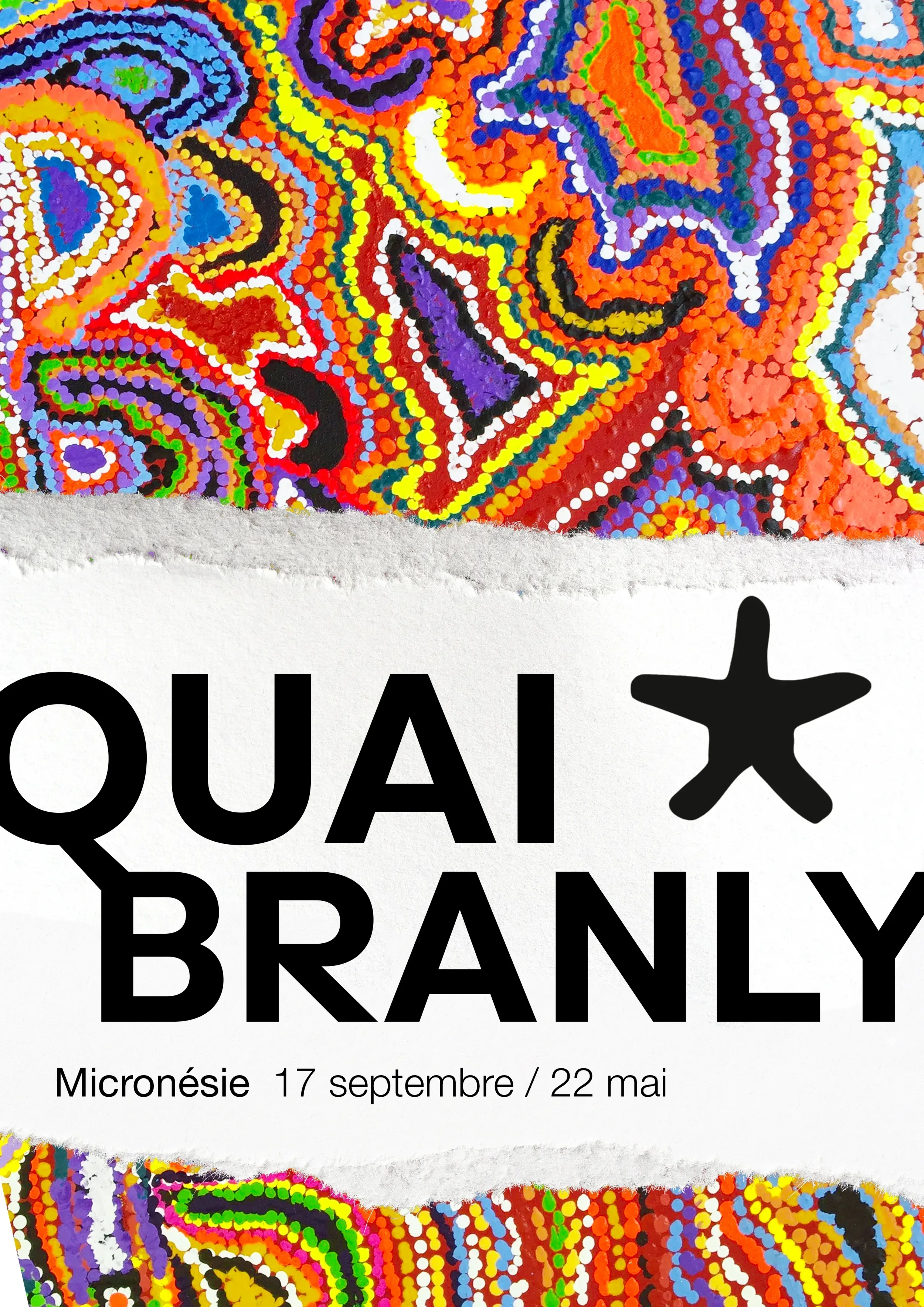 Affiche du quai Branlty mettant en scène une déchirure du papier de l'affiche, permettant d'entrer à travers le papier directement dans l'exposition