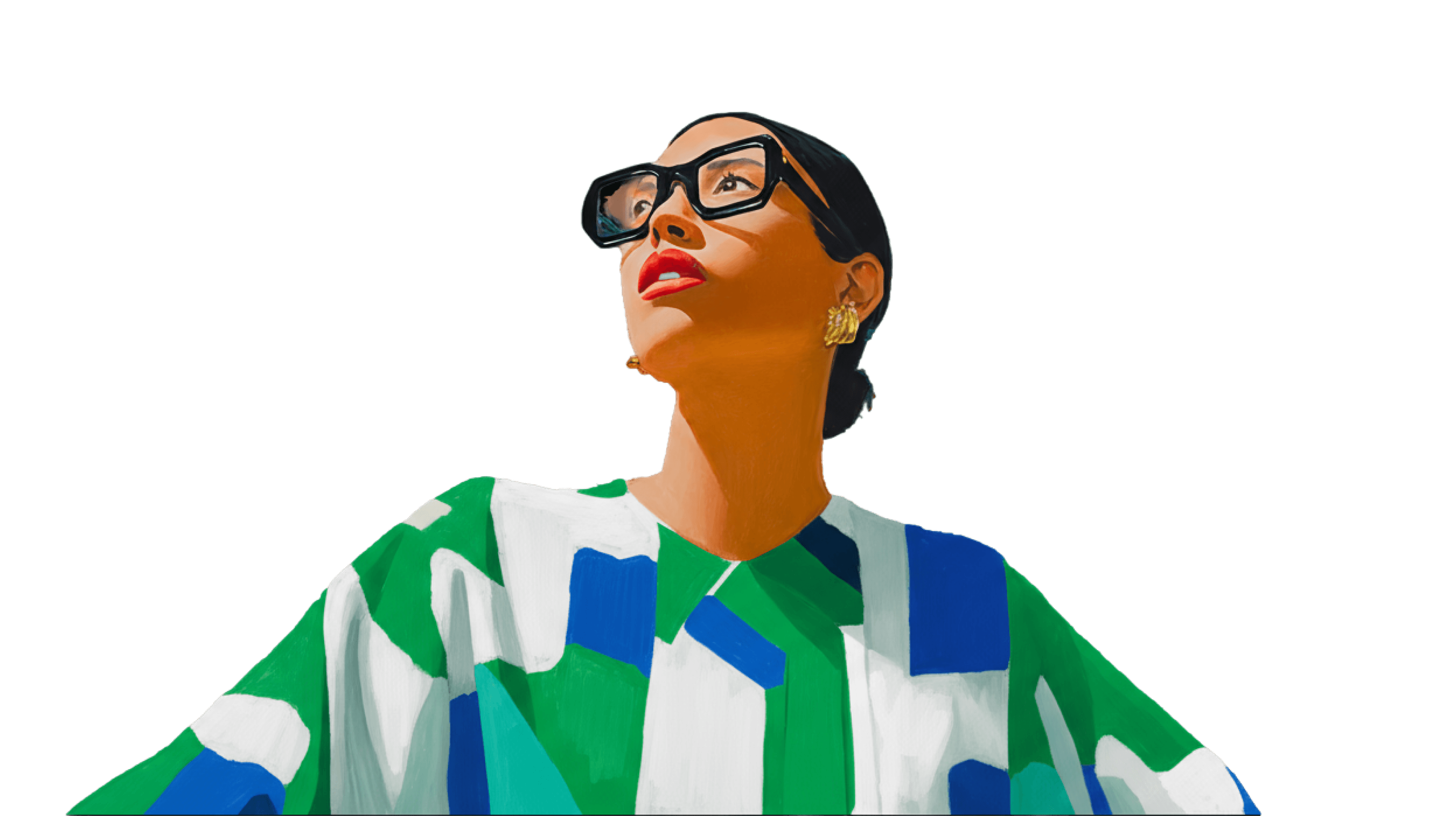 Uma pessoa de óculos escuros posa com confiança, vestindo uma camisa listrada colorida contra um fundo liso.