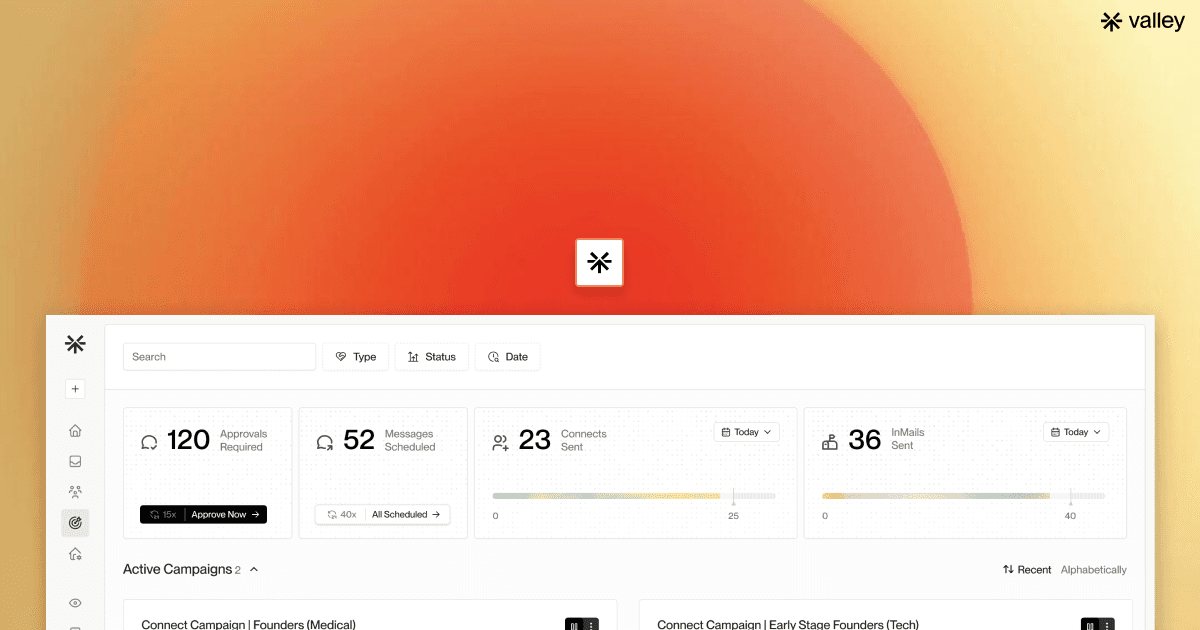 A warm, gradient dashboard screen showing Valley’s AI-powered LinkedIn automation interface, with metrics for approvals, scheduled messages, connects, and InMails displayed in clean, minimal cards.