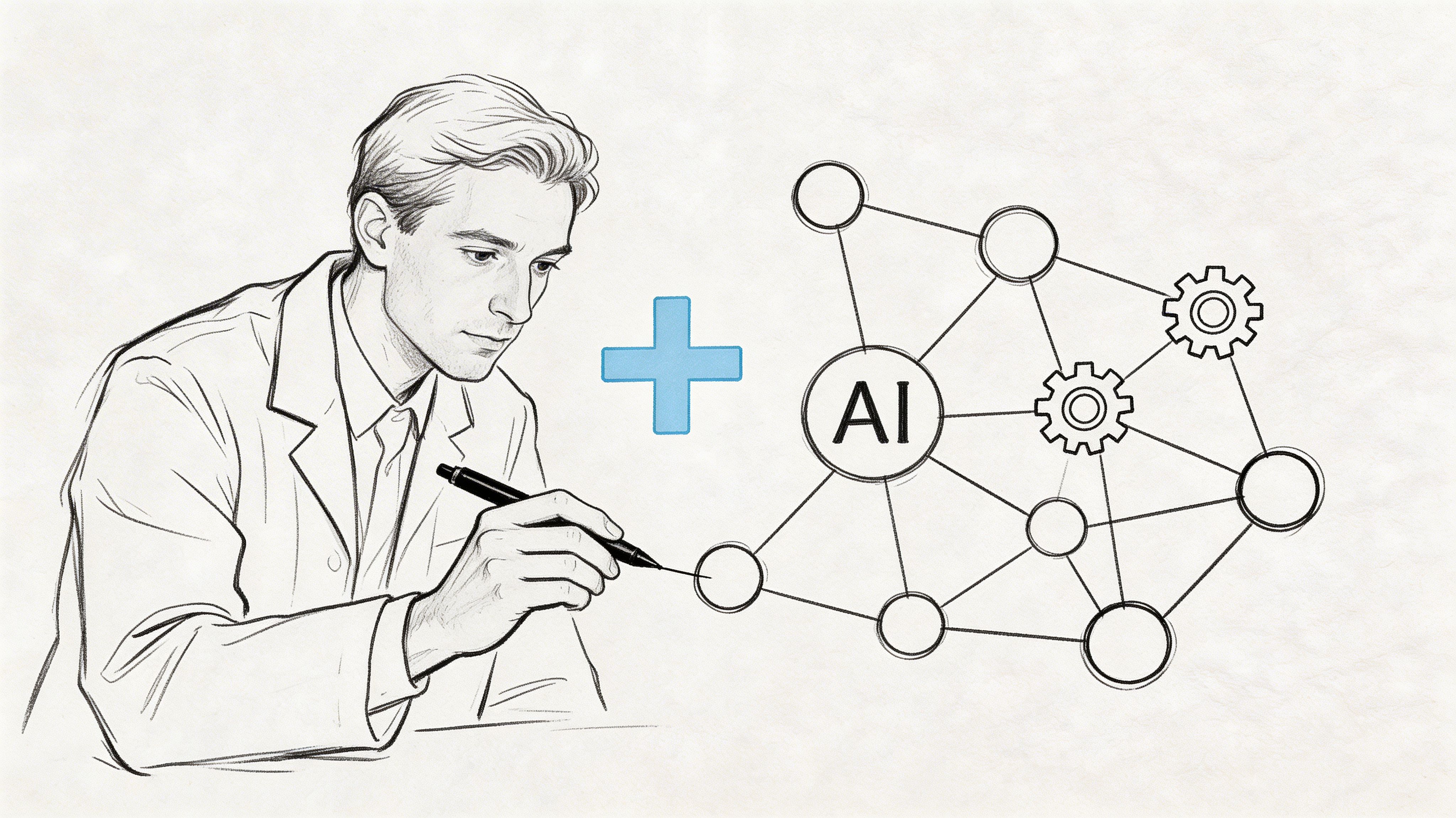 A professional researcher using a digital pen to interact with a hand-drawn artificial intelligence network diagram.