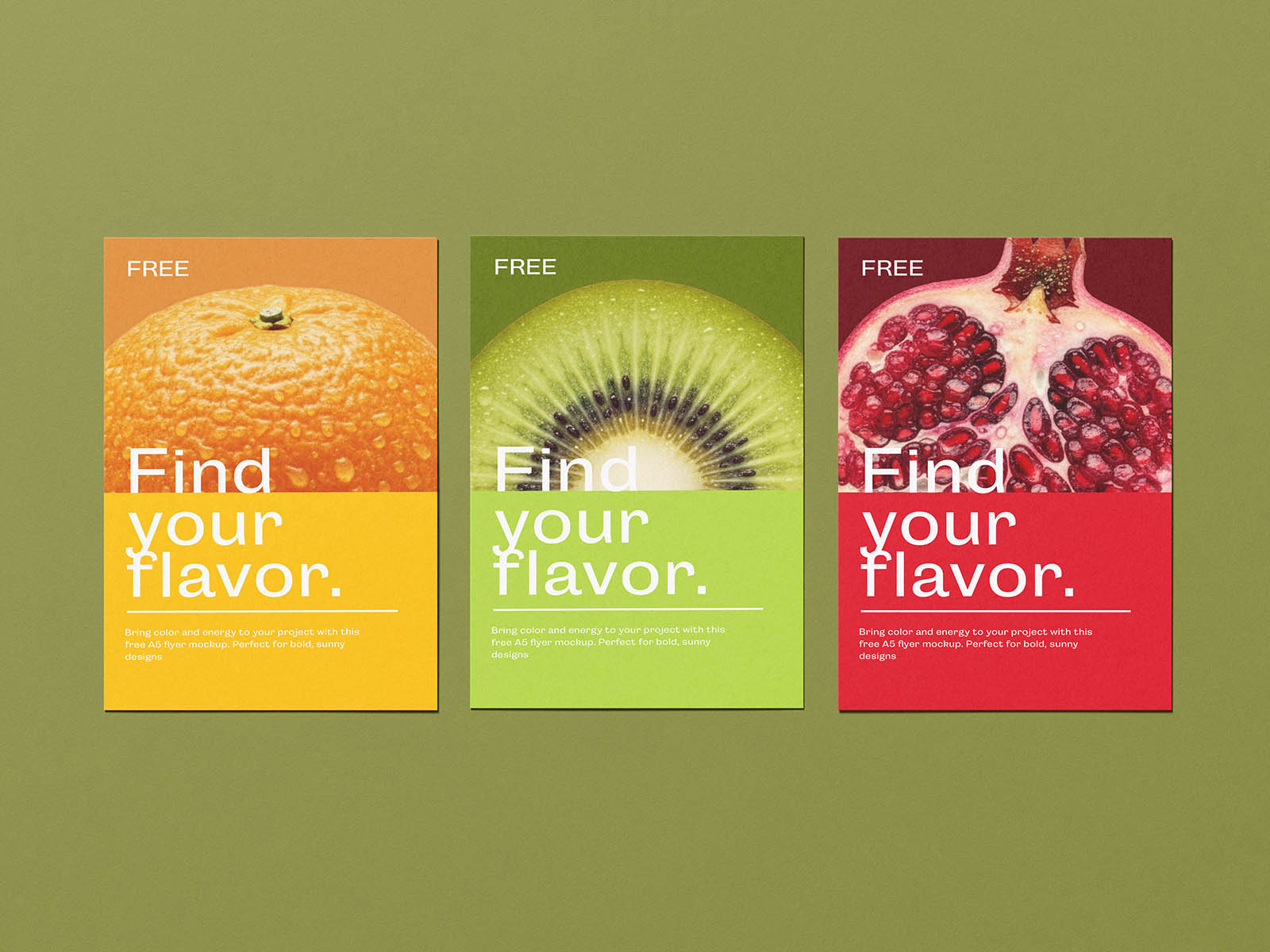 Three vibrant posters feature close-up images of orange, kiwi, and pomegranate. They each say "Find your flavor" with a free offer, set against orange, green, and red backgrounds.