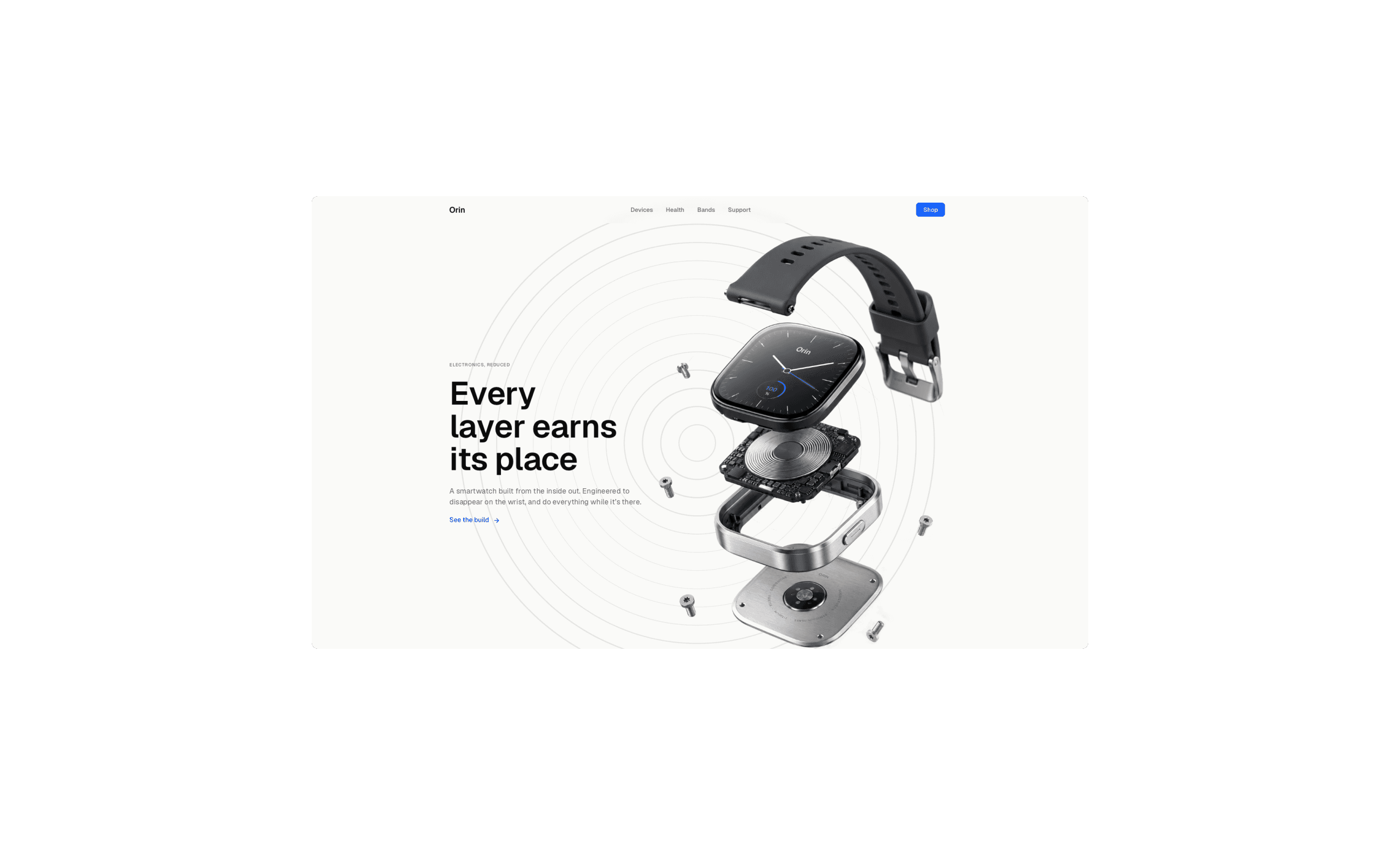 Orin website hero — an exploded view of the smartwatch separating strap, display, sensor plate, steel frame and case back, beside the headline Every layer earns its place