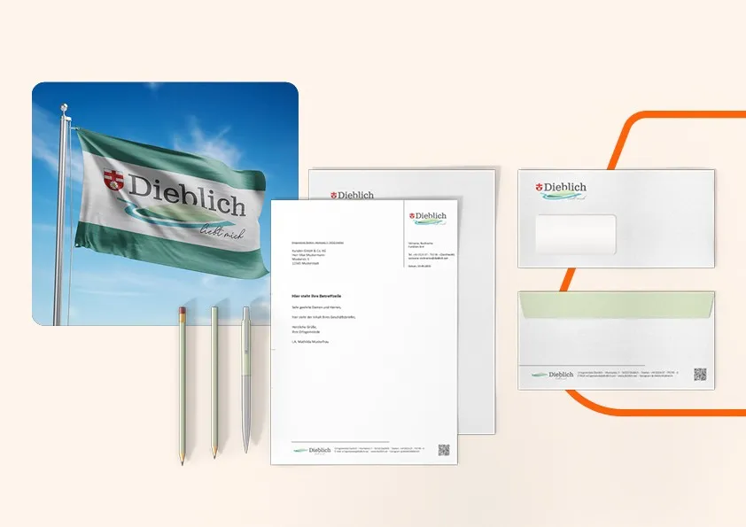 Geschäftsausstattung und Markenauftritt der Ortsgemeinde Dieblich auf Fahne, Briefpapier, Umschläge und Kugelschreiber