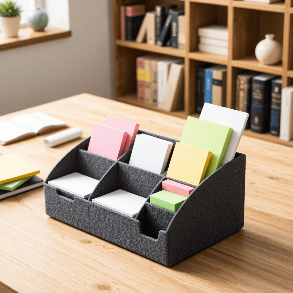product photography of a stationery organizer with sticky notes and notepads